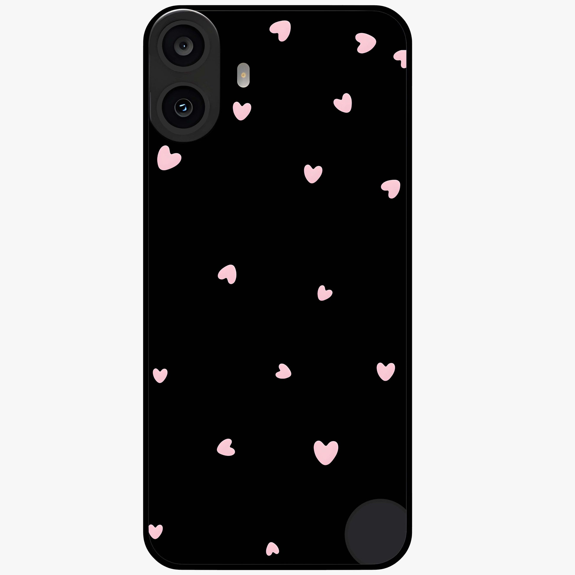 Pink Love Drops Glass Case showing flat back view with playful pink heart drops artwork and glossy glass finish.