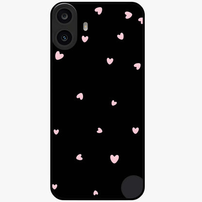Pink Love Drops Glass Case showing flat back view with playful pink heart drops artwork and glossy glass finish.