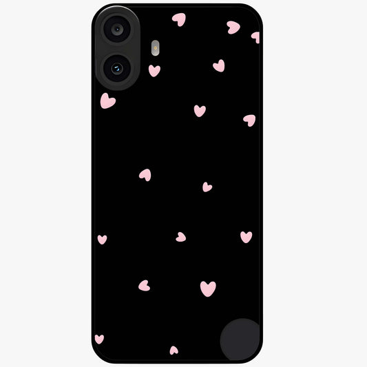 Pink Love Drops Glass Case showing flat back view with playful pink heart drops artwork and glossy glass finish.