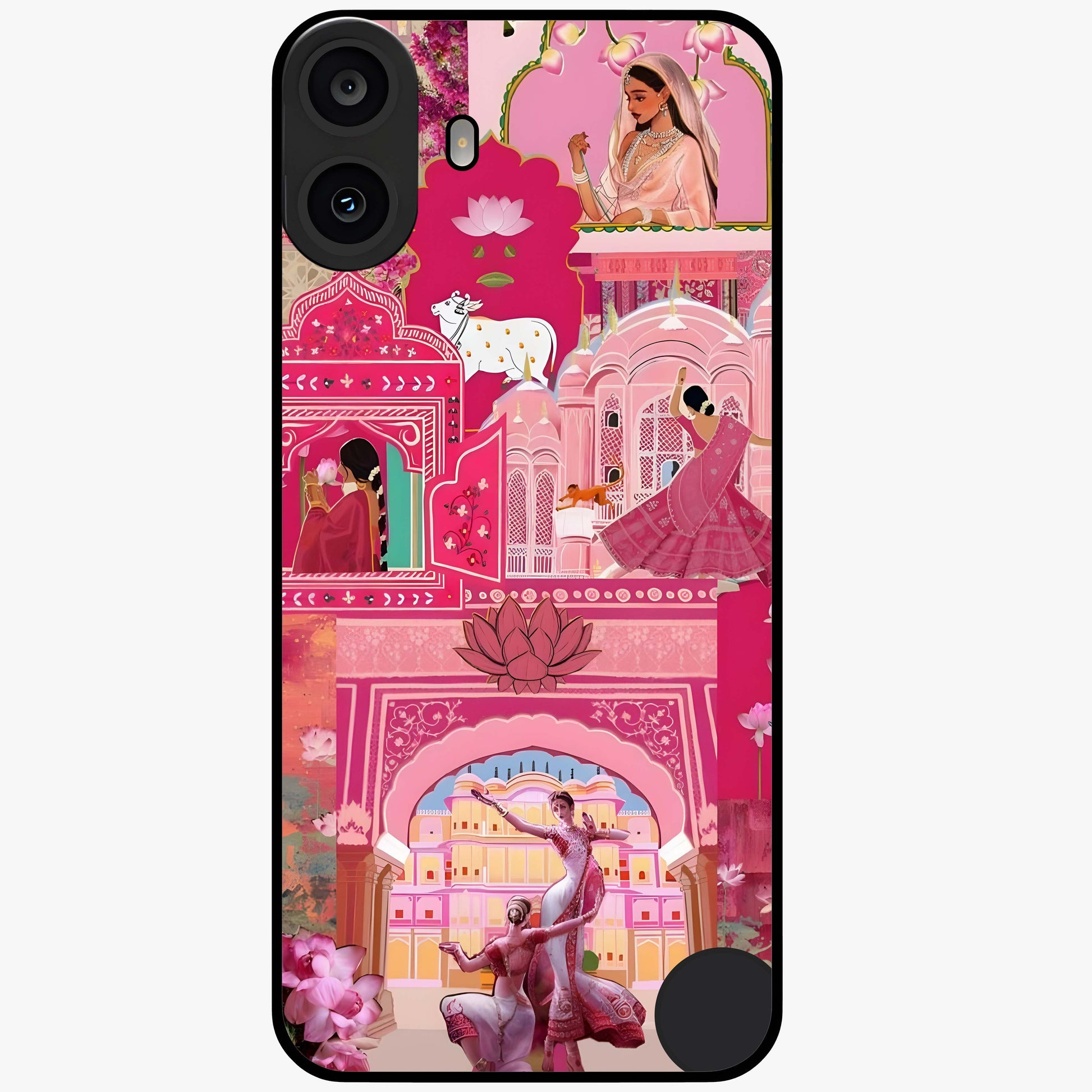 Pink Palace Muse Glass Case showing flat back view with elegant palace inspired artwork and glossy glass finish.