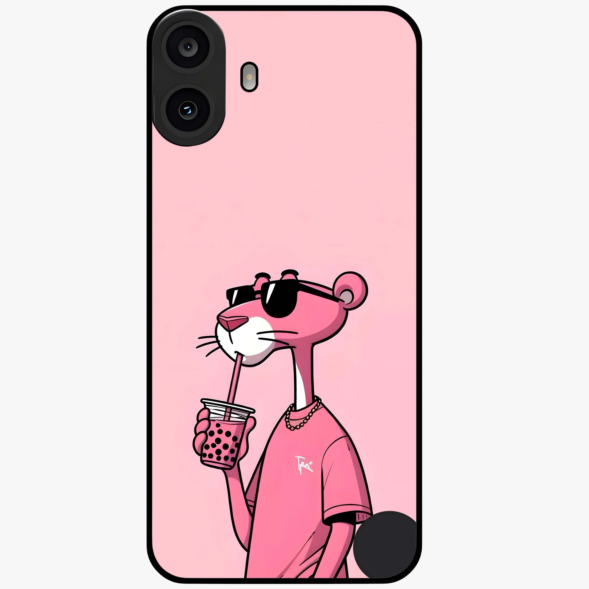 Pink Panther Glass Case showing flat back view with iconic pink panther artwork and glossy glass finish.