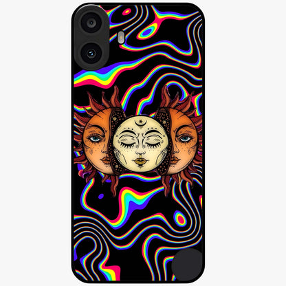 Psychedelic Sun Glass Case showing flat back view with colorful psychedelic sun artwork and glossy glass finish.