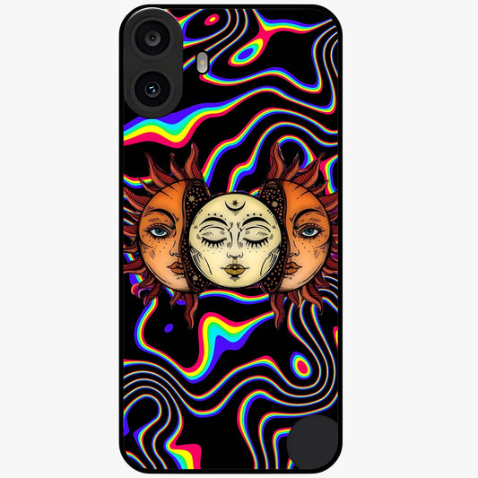 Psychedelic Sun Glass Case showing flat back view with colorful psychedelic sun artwork and glossy glass finish.