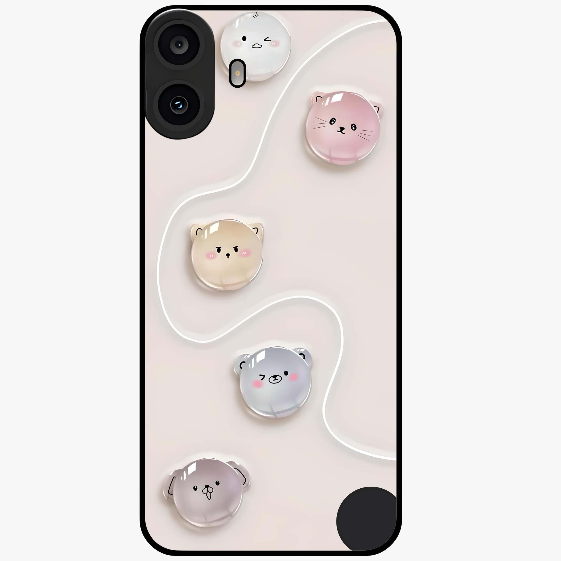 Puffy Face Parade Glass Case showing flat back view with cute puffy character faces artwork and glossy glass finish.