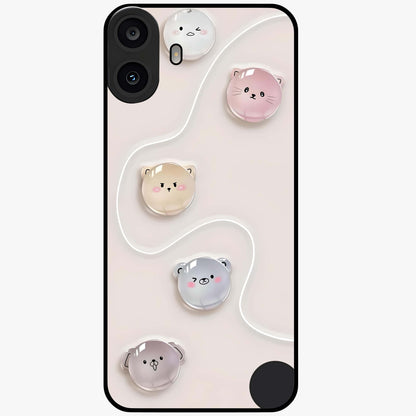 Puffy Face Parade Glass Case showing flat back view with cute puffy character faces artwork and glossy glass finish.