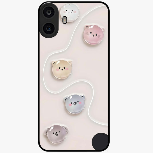 Puffy Face Parade Glass Case showing flat back view with cute puffy character faces artwork and glossy glass finish.