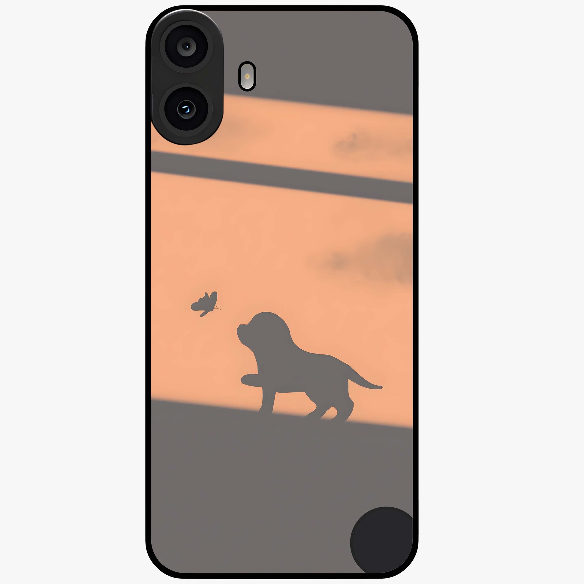 Puppy Shadow Art Glass Case showing flat back view with cute puppy shadow style artwork and glossy glass finish.