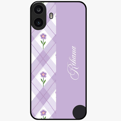 Purple Diamond Floral Glass Case showing flat back view with diamond shaped floral artwork and glossy glass finish.