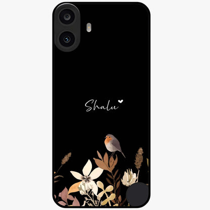 Quiet Garden Tune Custom Name Glass Case showing flat back view with peaceful garden artwork and personalized name design.
