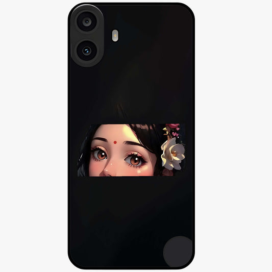 Radha Divine Embrace Glass Case showing flat back view with devotional Radha artwork and glossy glass finish.