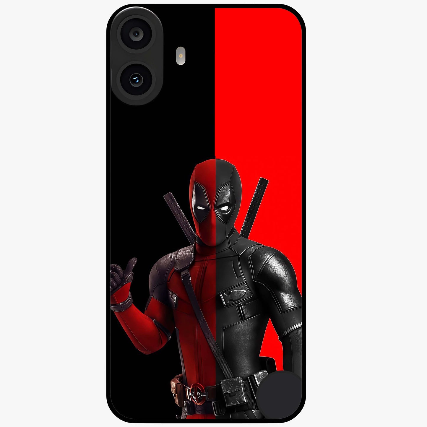 Red & Black Deadpool Theme Glass Case showing flat back view with bold comic inspired artwork and glossy glass finish.