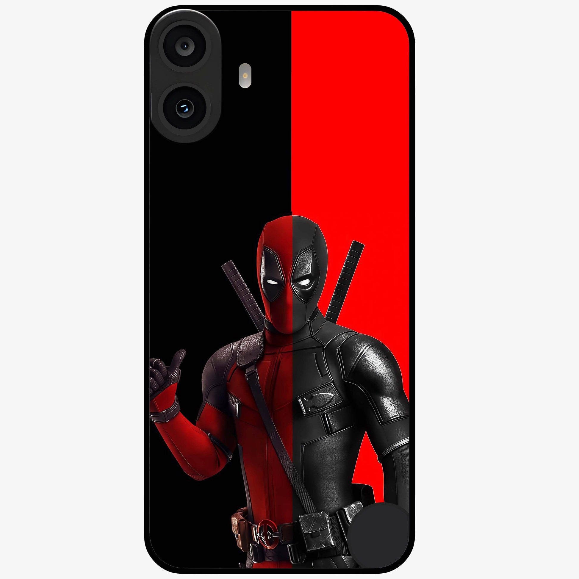 Red & Black Deadpool Theme Glass Case showing flat back view with bold comic inspired artwork and glossy glass finish.