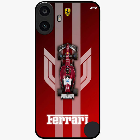 Red Ferrari F1 Vertical Glass Case showing flat back view with sleek Formula racing car artwork and glossy glass finish.