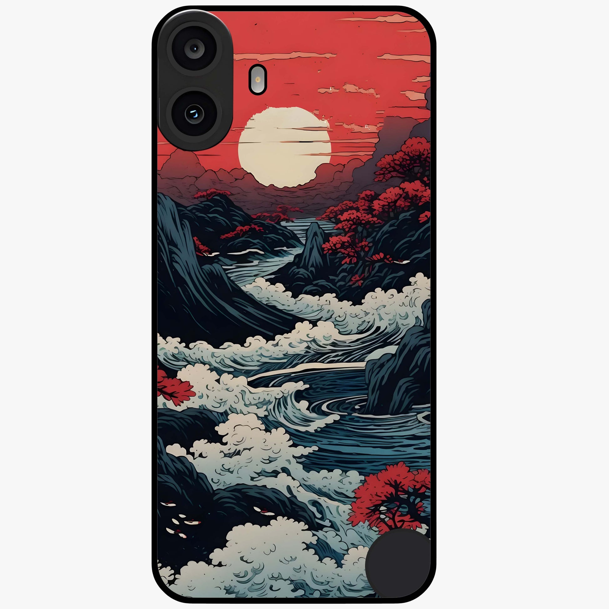 Red Sunset Scenery Glass Case showing flat back view with vibrant sunset landscape artwork and glossy glass finish.