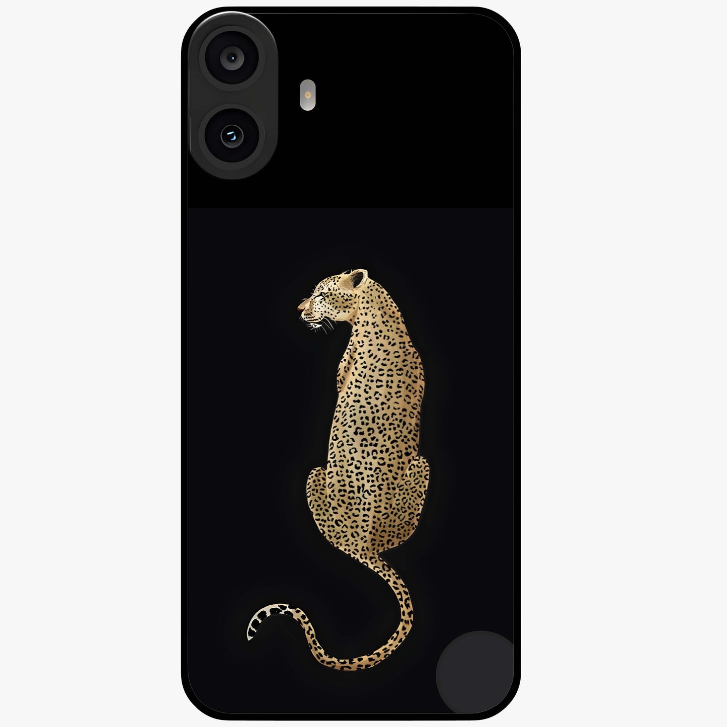Regal Leopard Glass Case showing flat back view with bold leopard artwork and glossy glass finish.