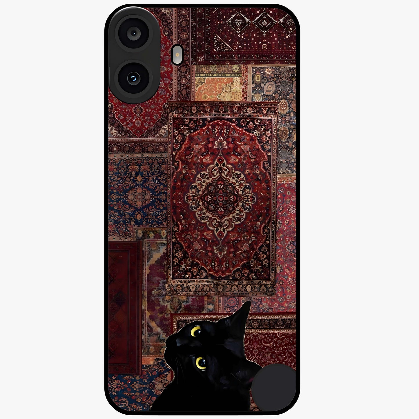 Regal Magic Cat Apple Glass Case showing flat back view with magical cat artwork holding apple and glossy glass finish.