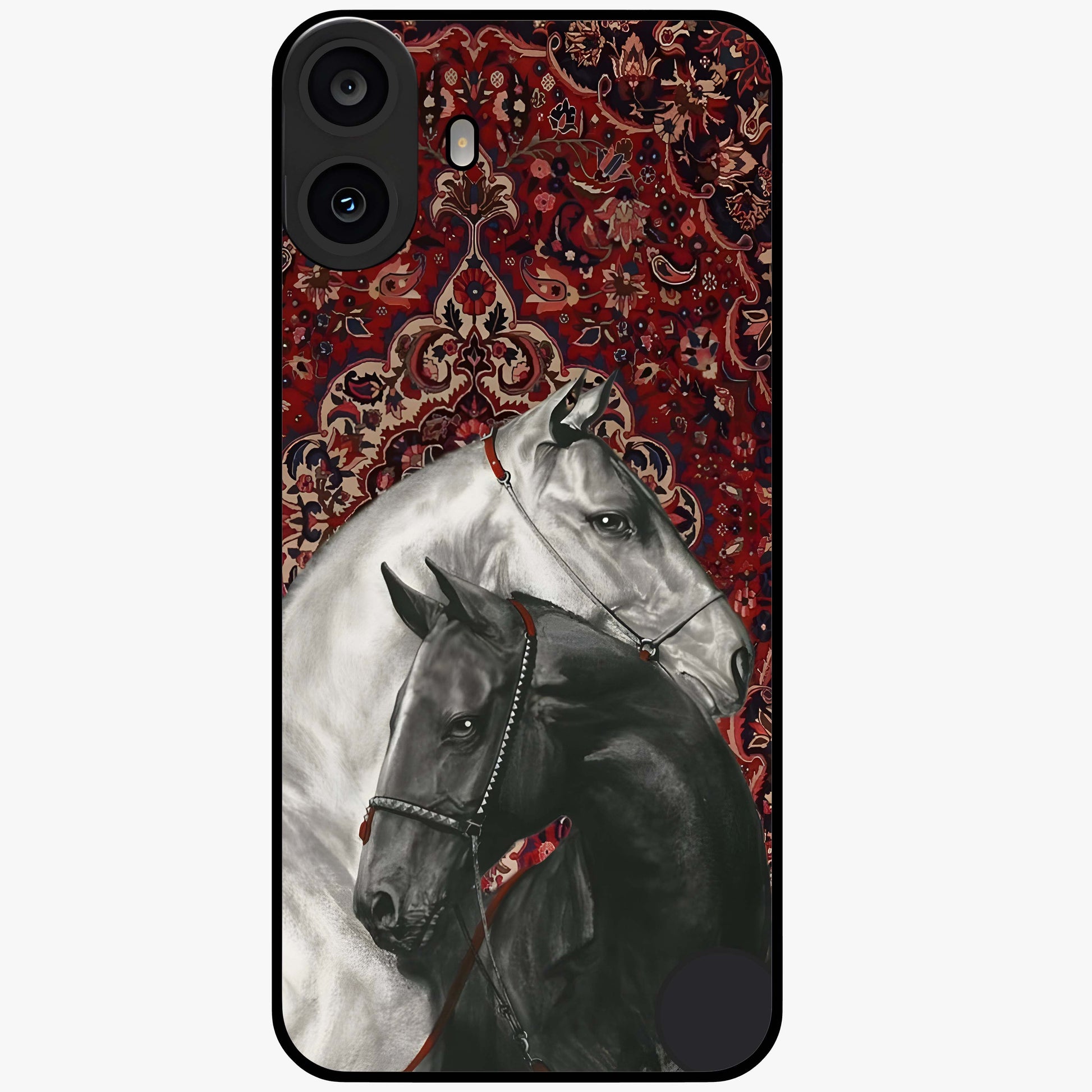 Regal Stallion Tapestry Glass Case showing flat back view with majestic horse tapestry artwork and glossy glass finish.