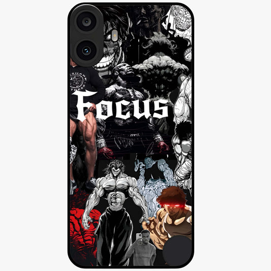 Relentless Power Focus Glass Case showing flat back view with motivational typography artwork and glossy glass finish.