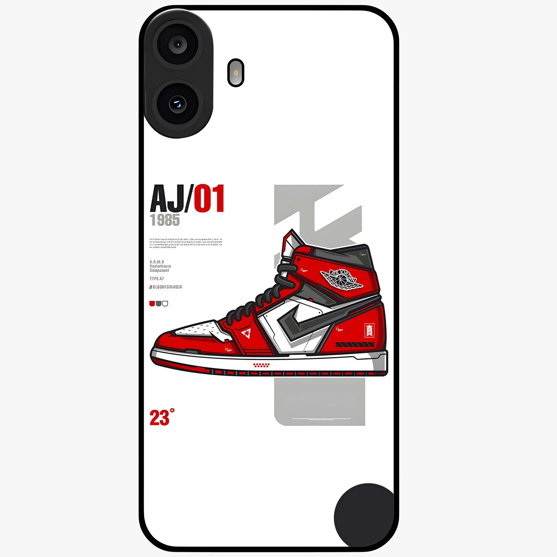 Retro Sneaker Blueprint Glass Case showing flat back view with sneaker blueprint style artwork and glossy glass finish.