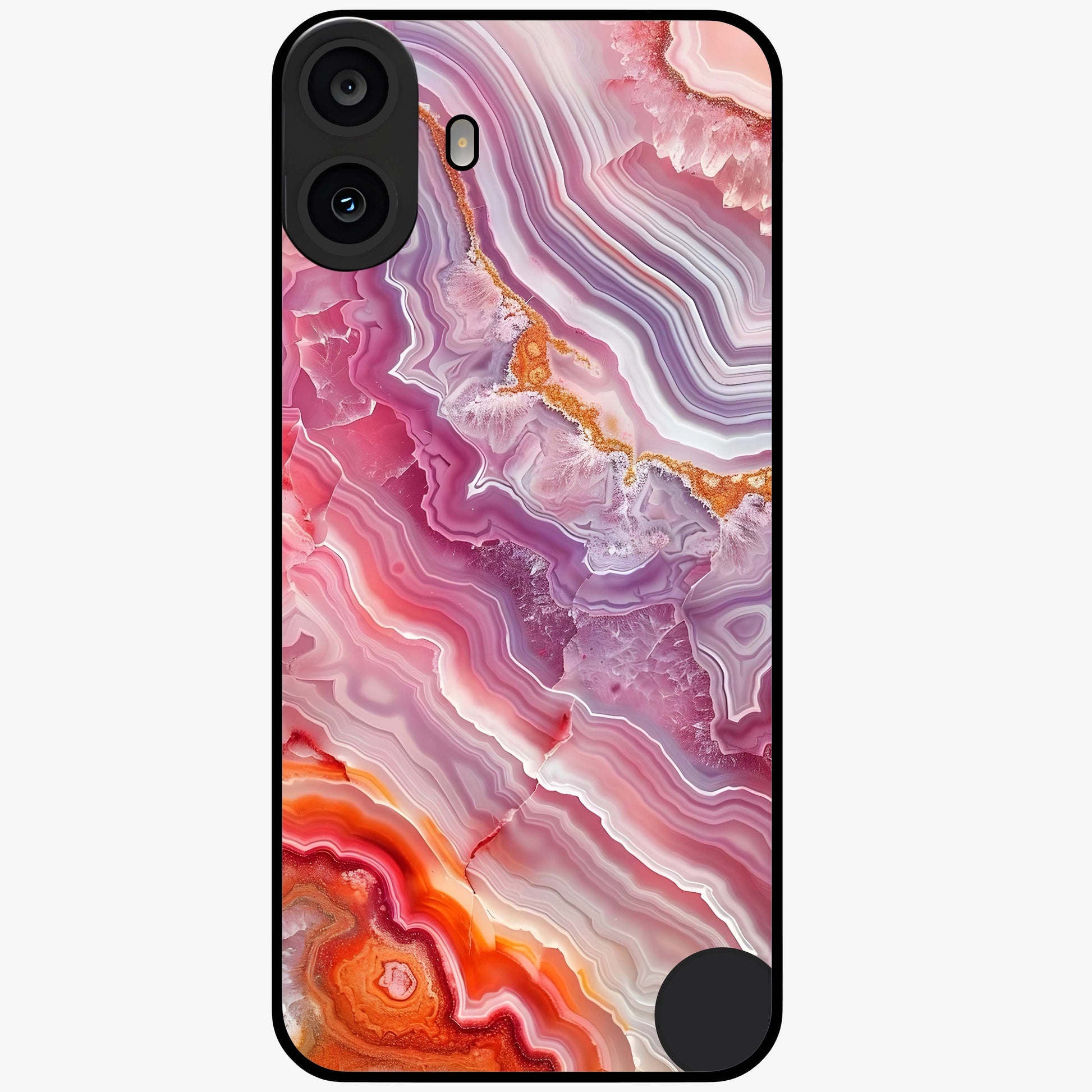 Rose Quartz Marble Glass Case showing flat back view with pink marble quartz texture artwork and glossy glass finish.