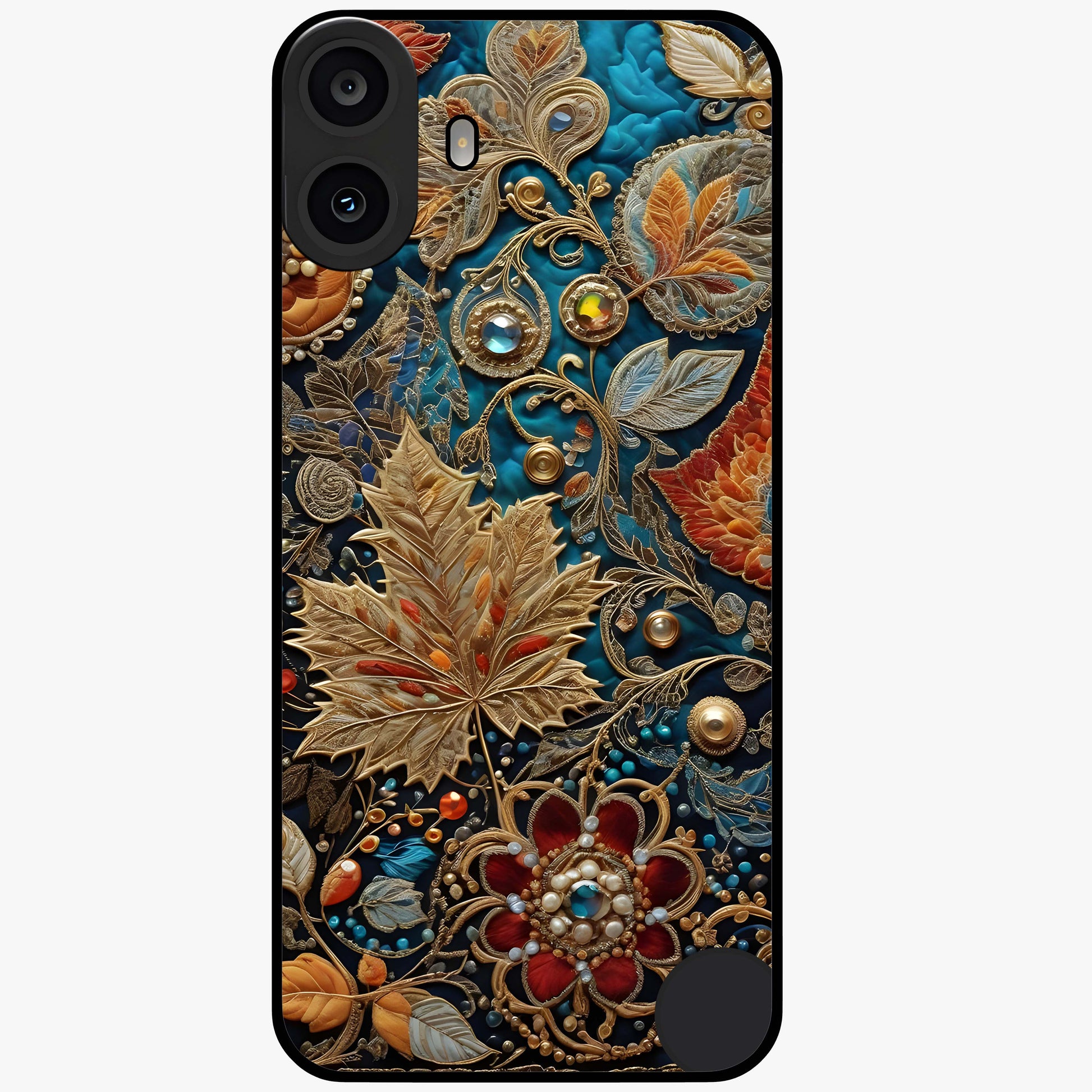 Royal Jewel Garden Glass Case showing flat back view with decorative floral garden artwork and glossy glass finish.