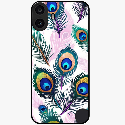 Royal Peacock Feathers Glass Case showing flat back view with colorful peacock feather artwork and glossy glass finish.
