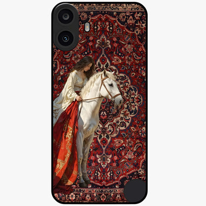 Royal Rider Tapestry Glass Case showing flat back view with majestic horse rider tapestry artwork and glossy glass finish.