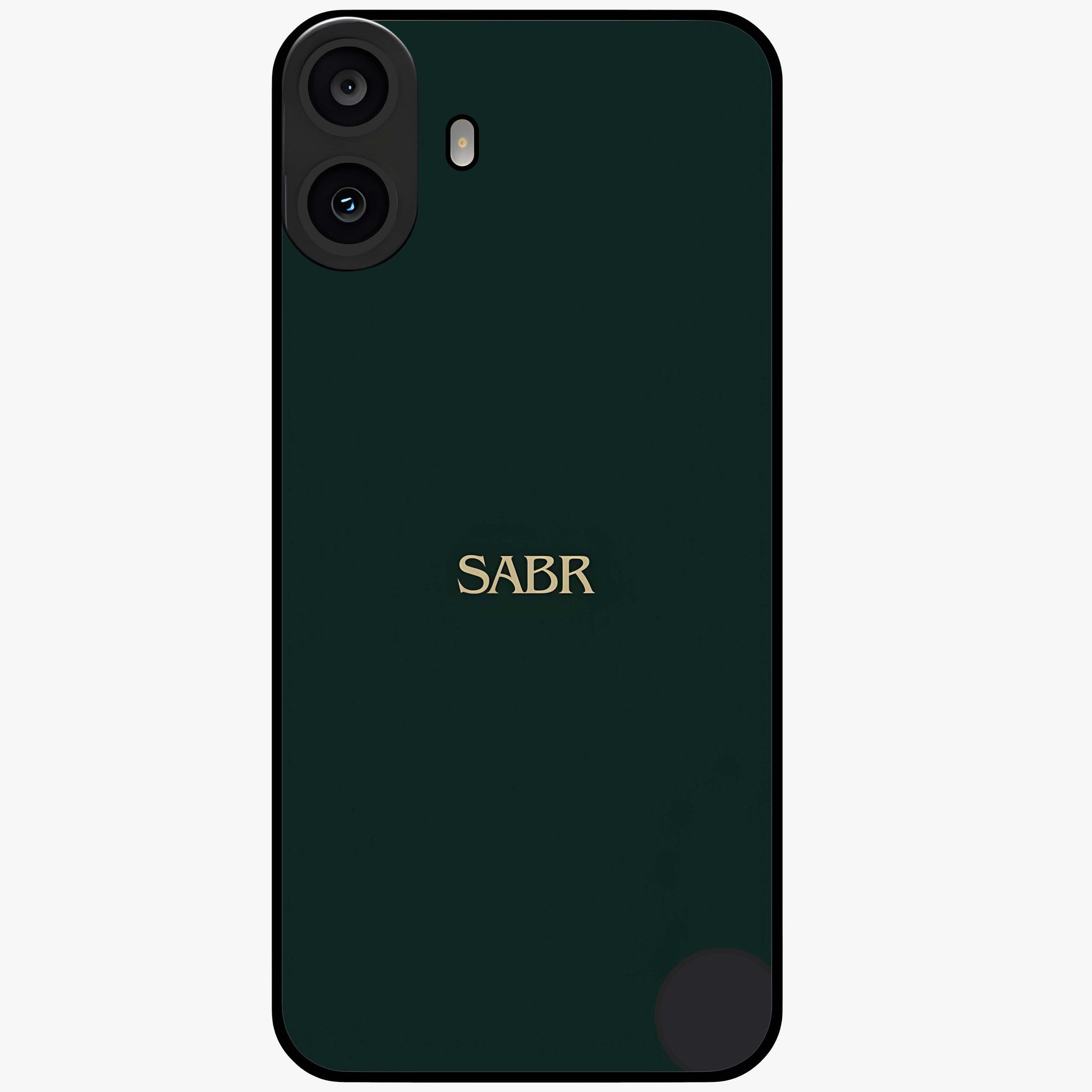 Sabr Minimal Patience Glass Case showing flat back view with minimalist typography artwork and glossy glass finish.