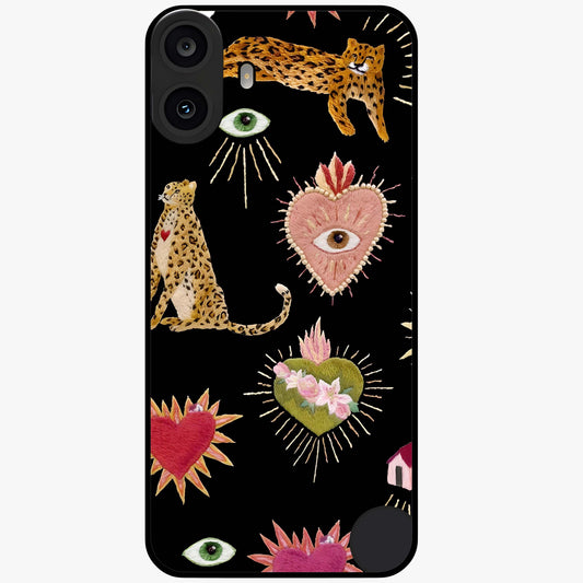 Sacred Jungle Heart Glass Case showing flat back view with jungle inspired heart artwork and glossy glass finish.