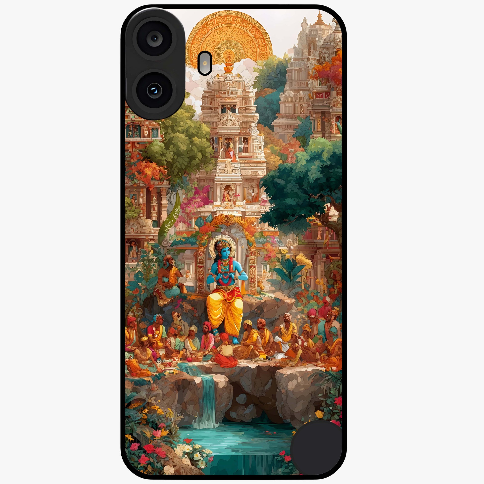 Sacred Sunlight Gods Glass Case showing flat back view with divine sunlight themed artwork and glossy glass finish.