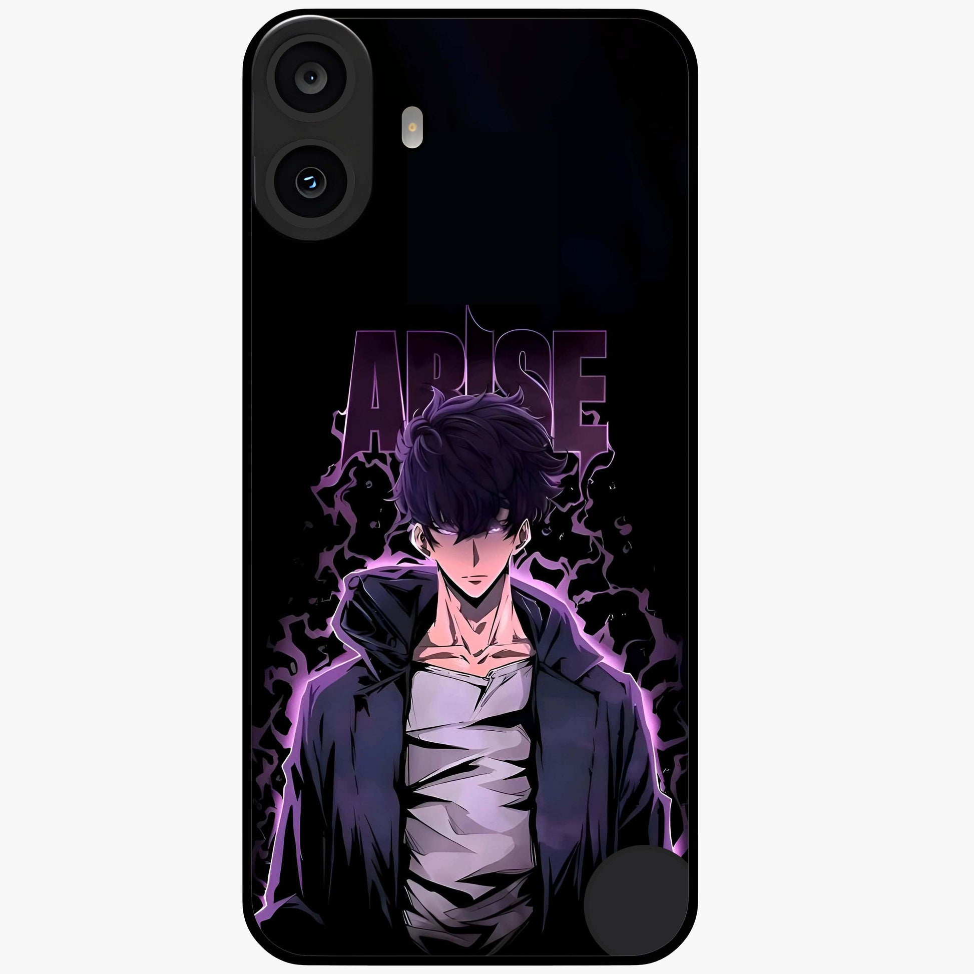 Shadow Monarch Awakening Glass Case showing flat back view with powerful dark monarch themed artwork and glossy glass finish.