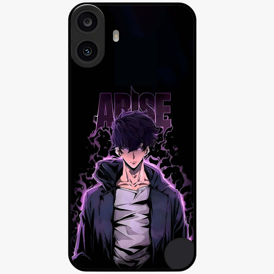 Shadow Monarch Awakening Glass Case showing flat back view with powerful dark monarch themed artwork and glossy glass finish.