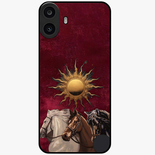 Solar Riders Glass Case showing flat back view with dynamic rider themed artwork and glossy glass finish.