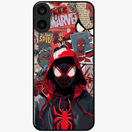 Spider Collage Street Glass Case showing flat back view with vibrant superhero collage artwork and glossy glass finish.
