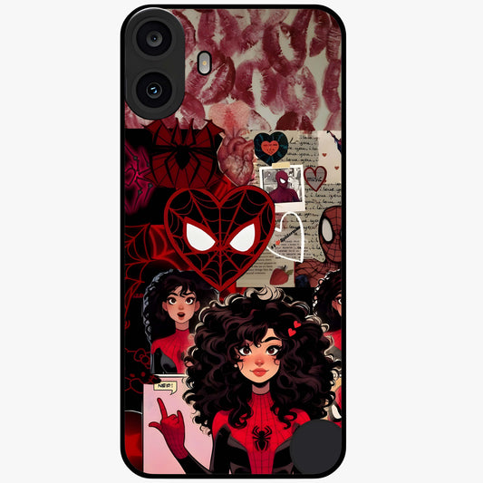Spider Love Story Glass Case showing flat back view with romantic superhero themed artwork and glossy glass finish.