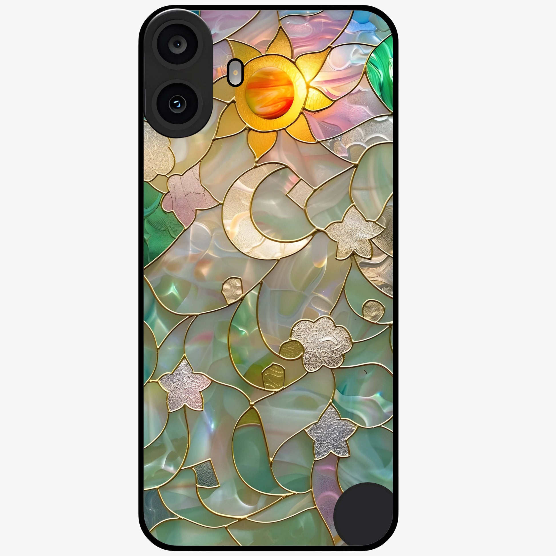 Stained Sunrise Glow Glass Case showing flat back view with glowing sunrise stained pattern artwork and glossy glass finish.