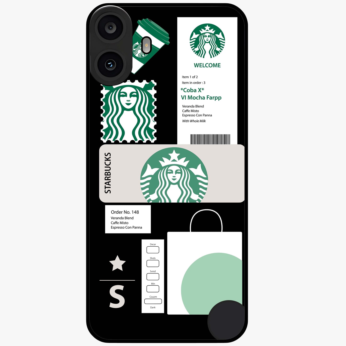 Starbucks Mocha Glass Case showing flat back view with coffee inspired artwork and glossy glass finish.