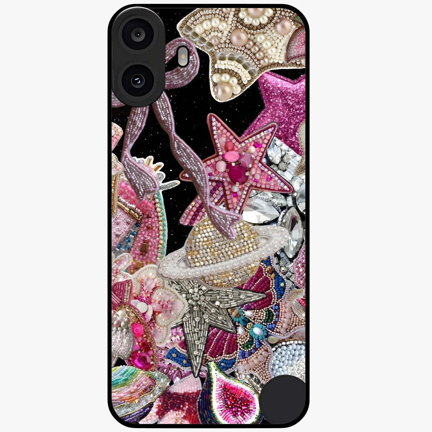 Starlit Jewel Dream Glass Case showing flat back view with sparkling jewel and star themed artwork and glossy glass finish.