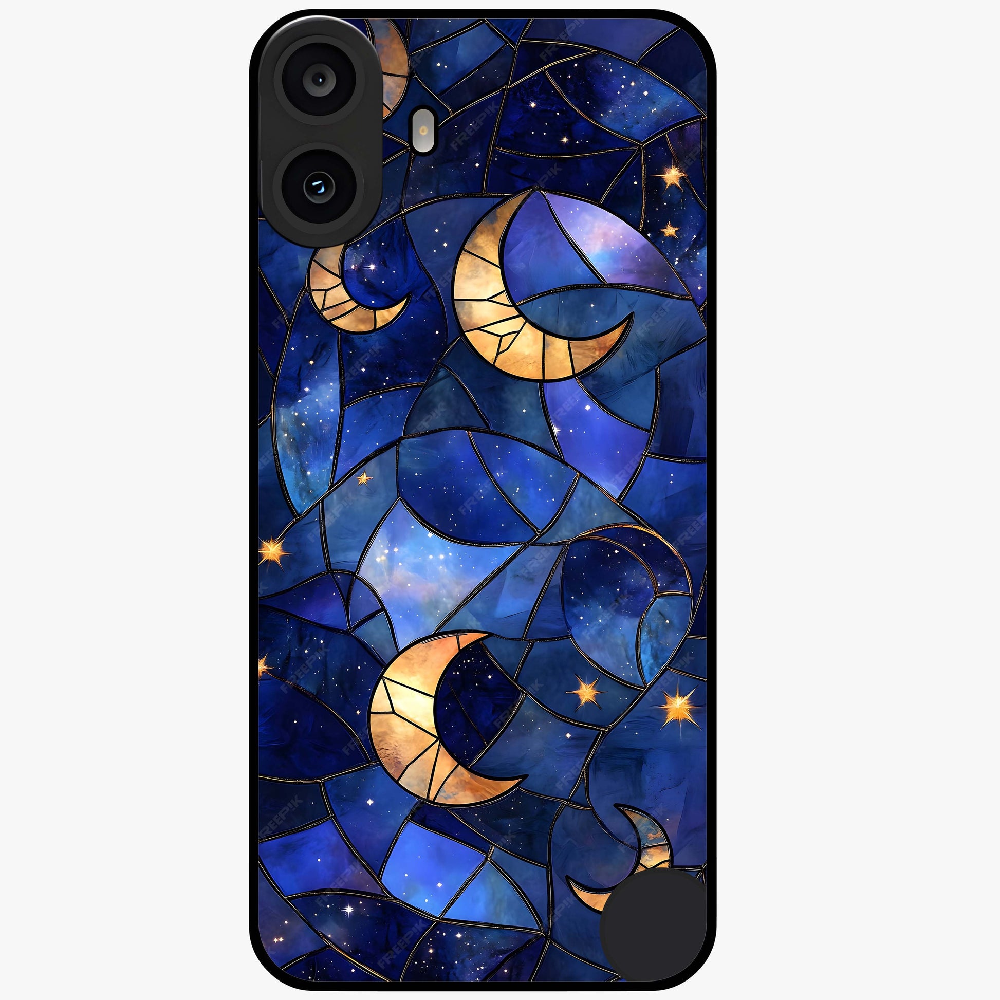 Starlit Sky Tapestry Glass Case showing flat back view with decorative starry sky tapestry artwork and glossy glass finish.