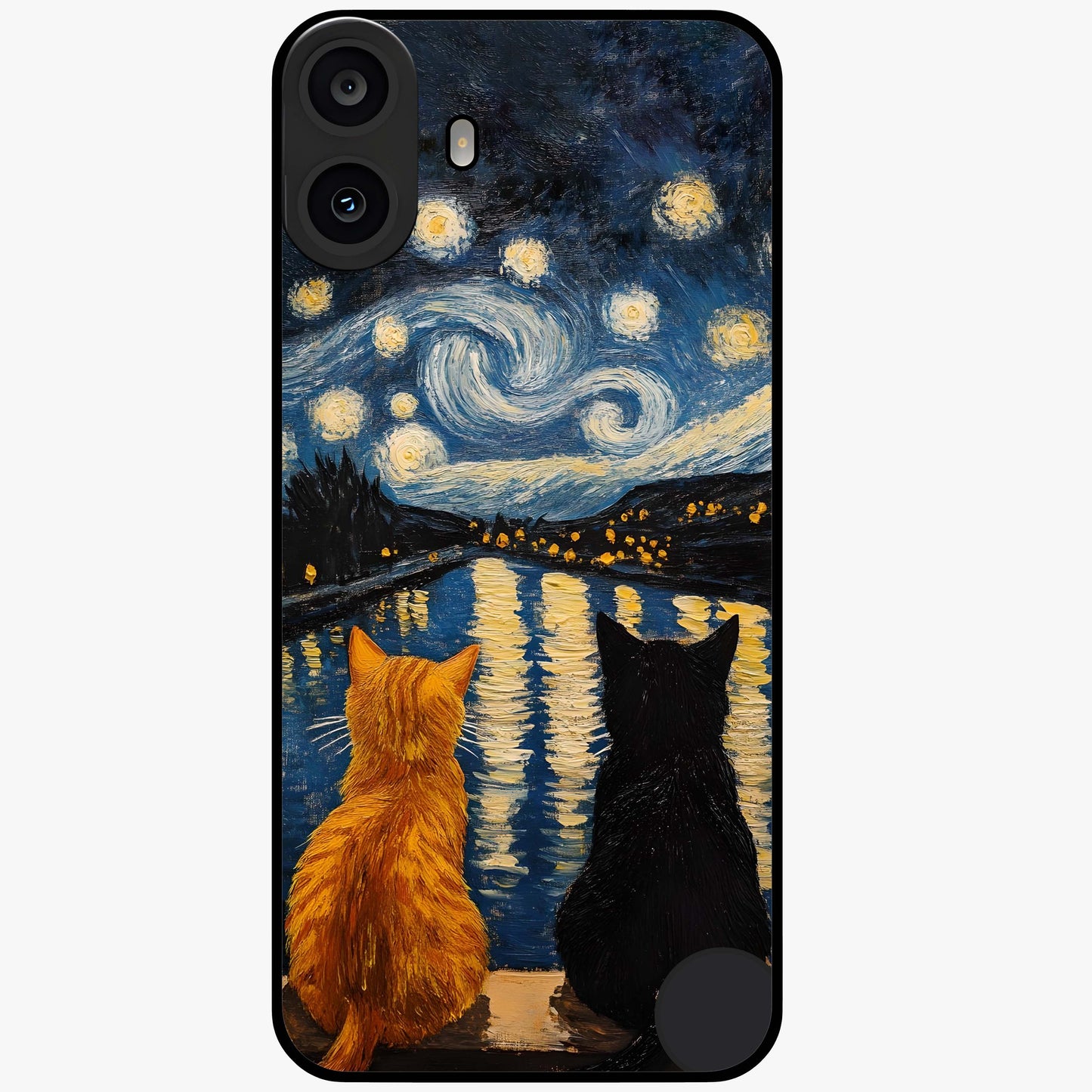 Starry River Cats Glass Case showing flat back view with cats by a starry river artwork and glossy glass finish.