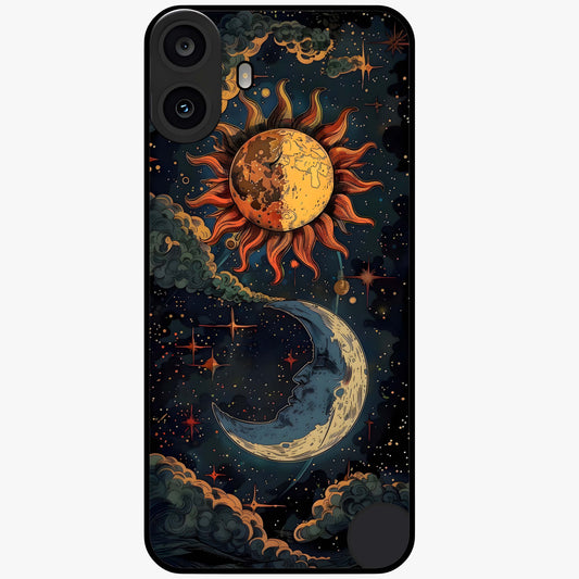 Sun And Moon Magic Design Glass Case showing flat back view with mystical sun and moon artwork and glossy glass finish.