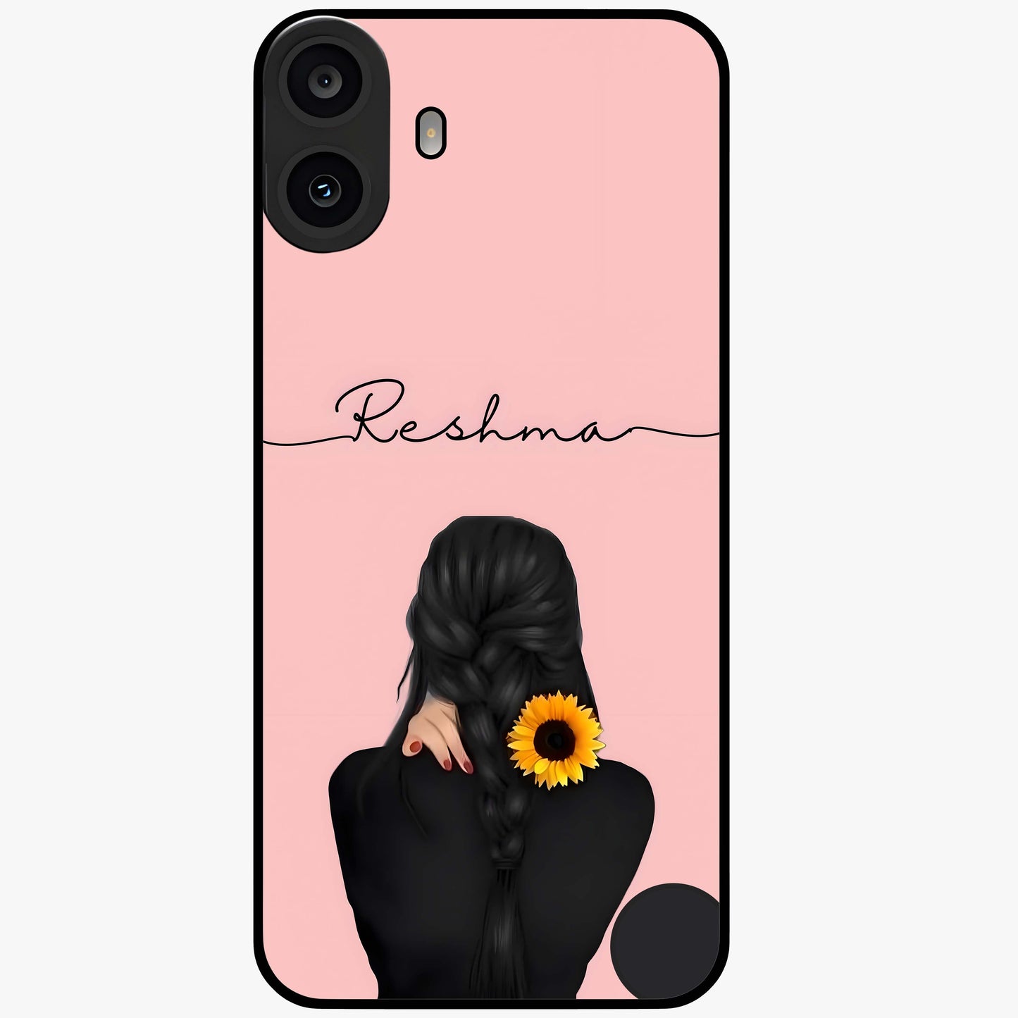 Sunflower Braid Beauty With Custom Name Glass Case showing flat back view with sunflower braid artwork and personalized name design.