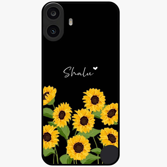 Sunflower Chic Mood Custom Name Glass Case showing flat back view with stylish sunflower artwork and personalized name design.