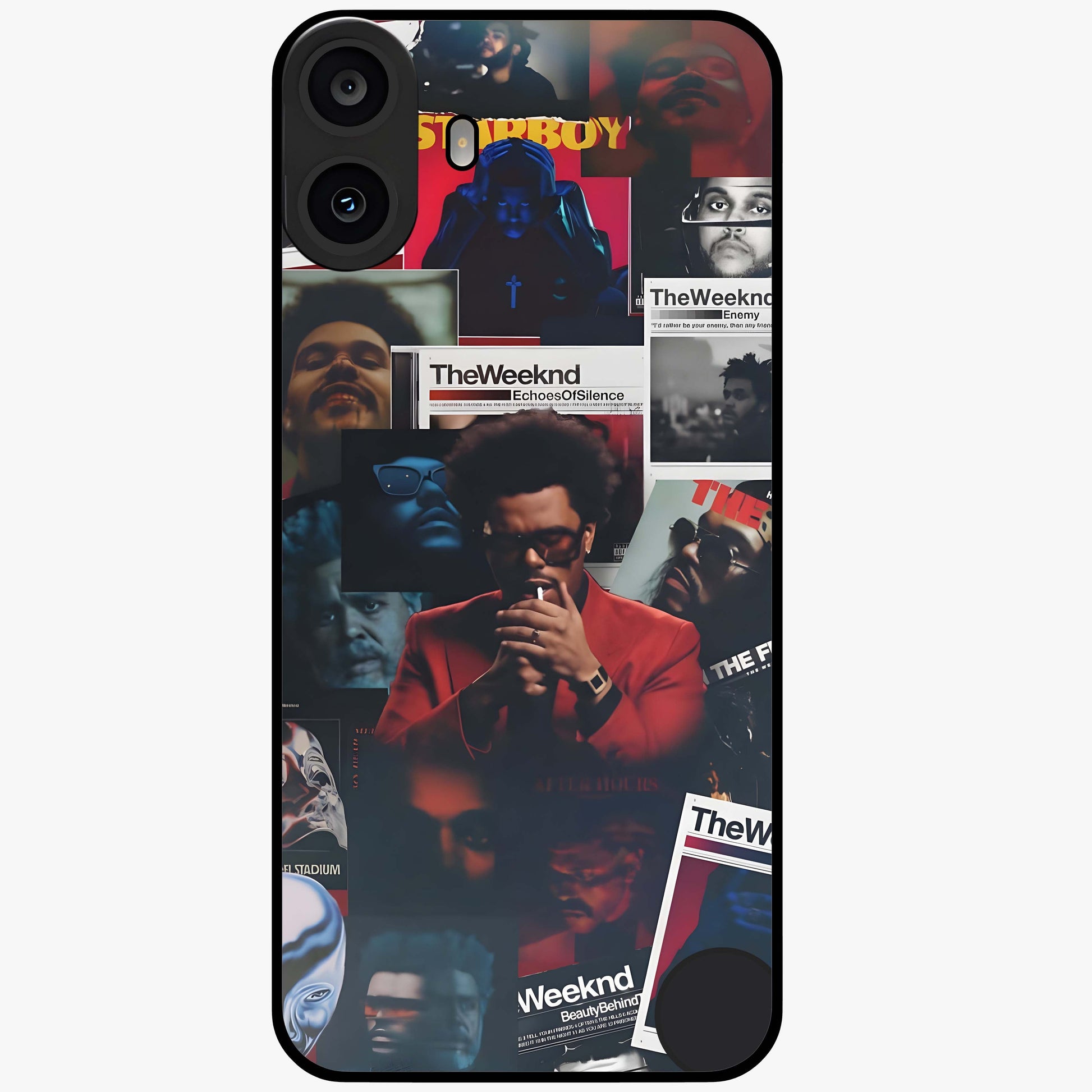 The Weeknd Glass Case showing flat back view with music inspired artistic portrait artwork and glossy glass finish.