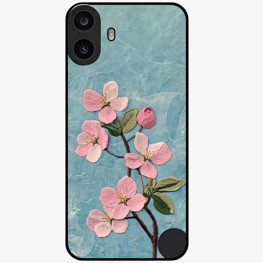 Threaded Blossom Breeze Glass Case showing flat back view with delicate blossom artwork and glossy glass finish.