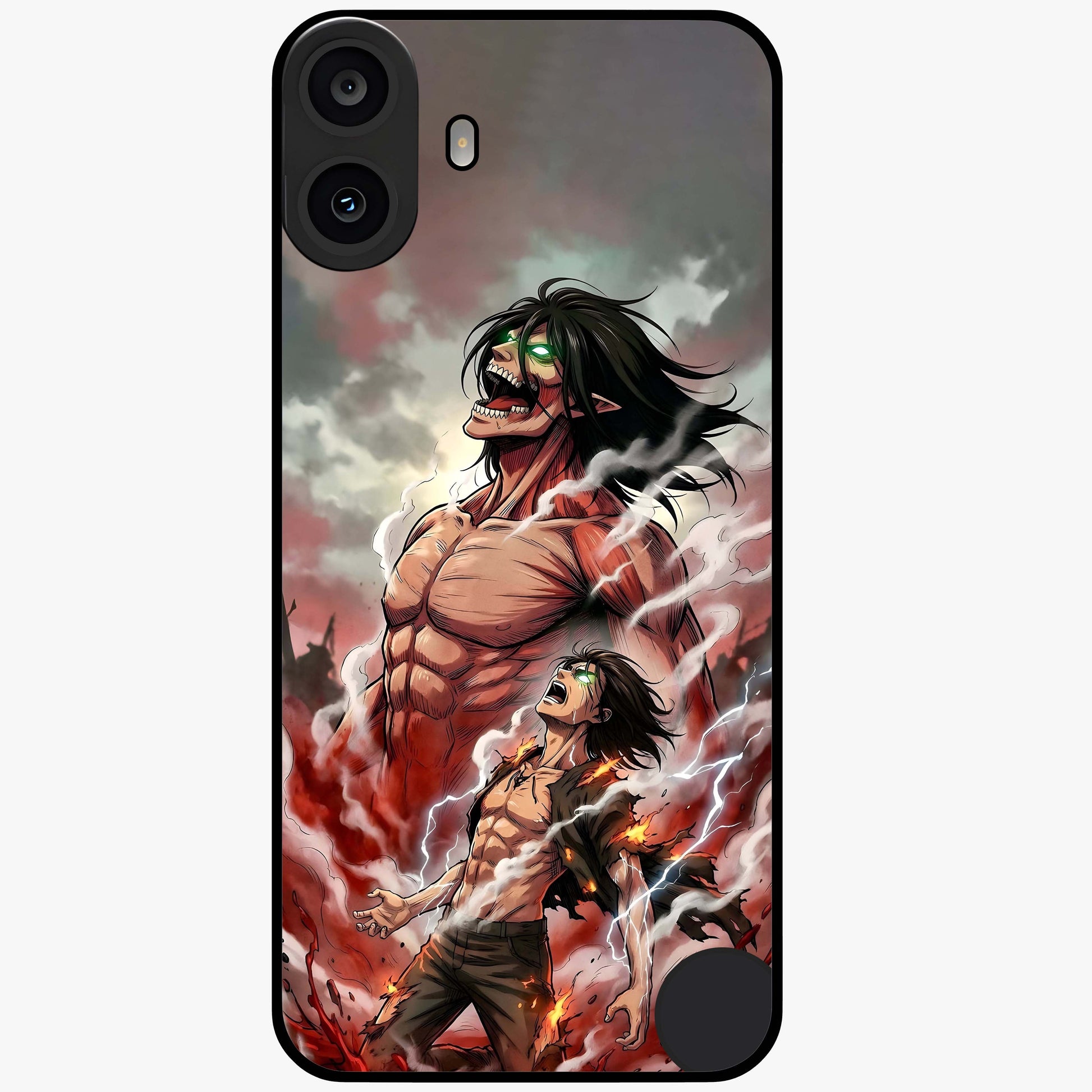Titan Awakening Fury Glass Case showing flat back view with powerful titan inspired artwork and glossy glass finish.