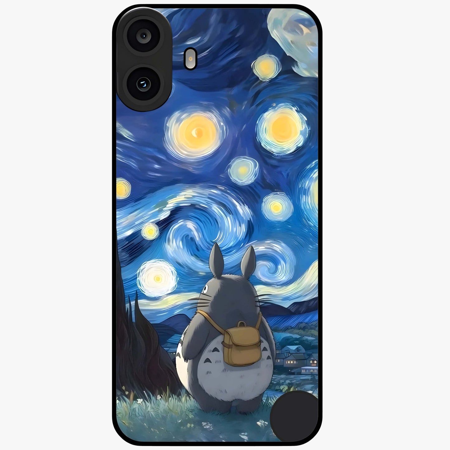 Totoro In Van Gogh Art Glass Case showing flat back view with whimsical character artwork inspired by Van Gogh style and glossy glass finish.