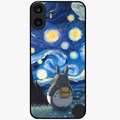 Totoro In Van Gogh Art Glass Case showing flat back view with whimsical character artwork inspired by Van Gogh style and glossy glass finish.
