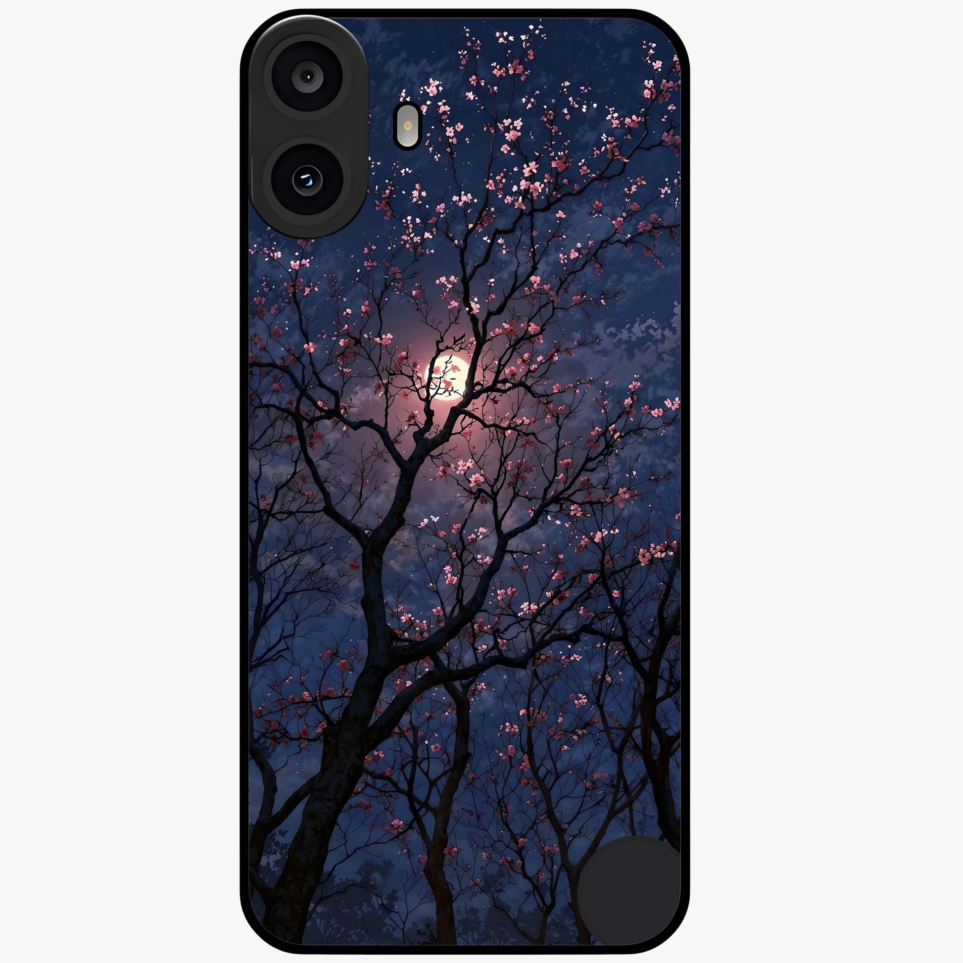 Twilight Sakura Serenade Glass Case showing flat back view with cherry blossom artwork at twilight and glossy glass finish.