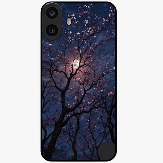 Twilight Sakura Serenade Glass Case showing flat back view with cherry blossom artwork at twilight and glossy glass finish.